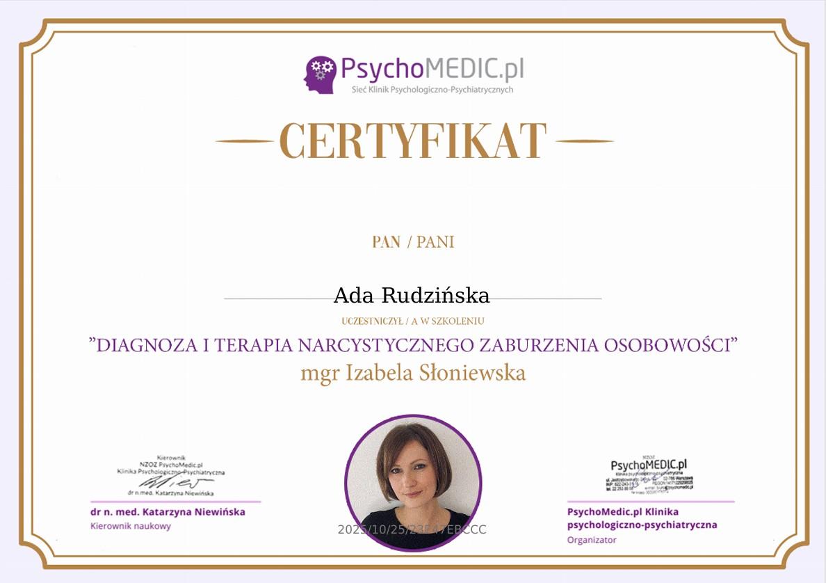 diagnoza narcyza certyfikat Ada Rudzińska