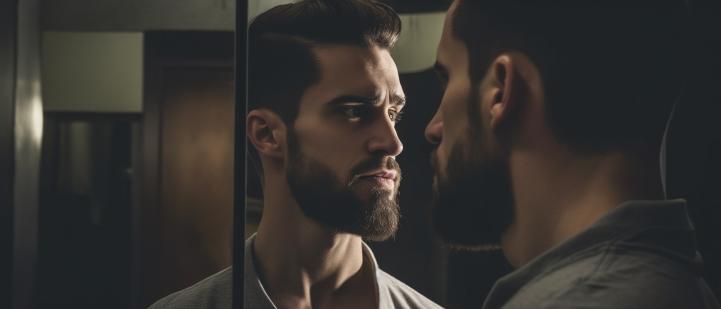 Mężczyzna patrzący we własne odbicie w lustrze