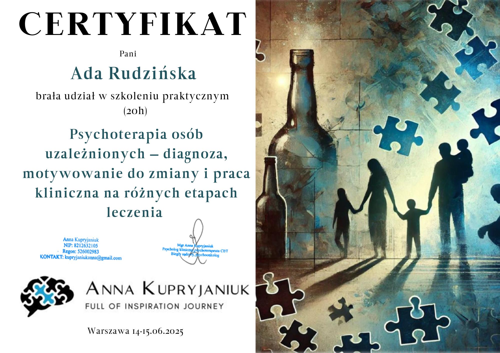 mgr prawa ada rudzinska certyfikat leczenie uzaleznien