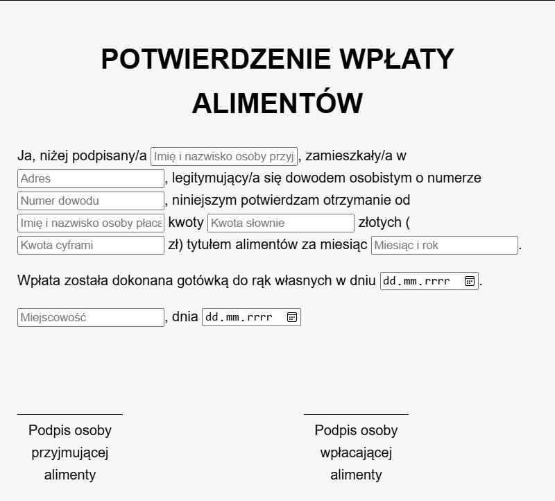 potwierdzenie wpłaty alimentów do rąk wzór