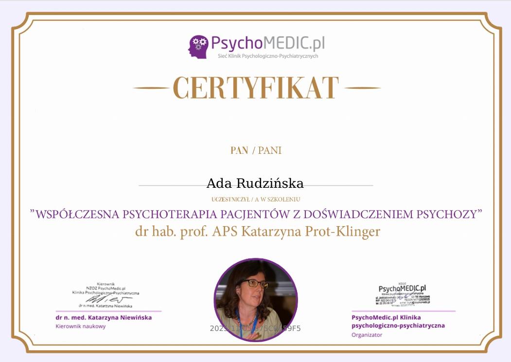Psychoterapia u pacjenta z psychozą certyfikat Ada Rudzińska