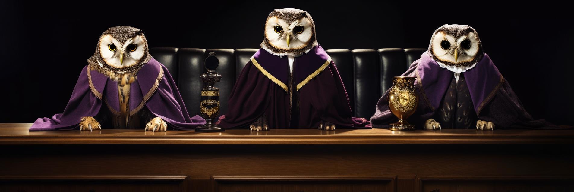 Trzy sowy ubrane w sędziowskie togi symbolizujące skład sądu