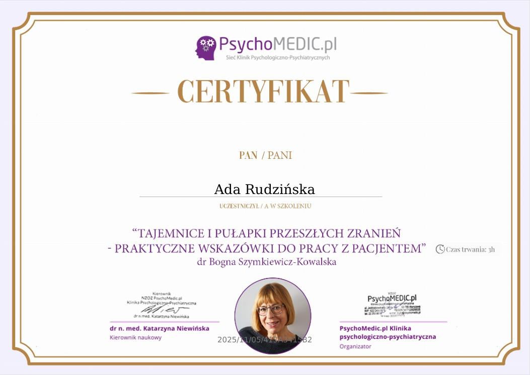 Tajemnice i pułapki przeszłych zranień certyfikat Ada Rudzińska.jpg