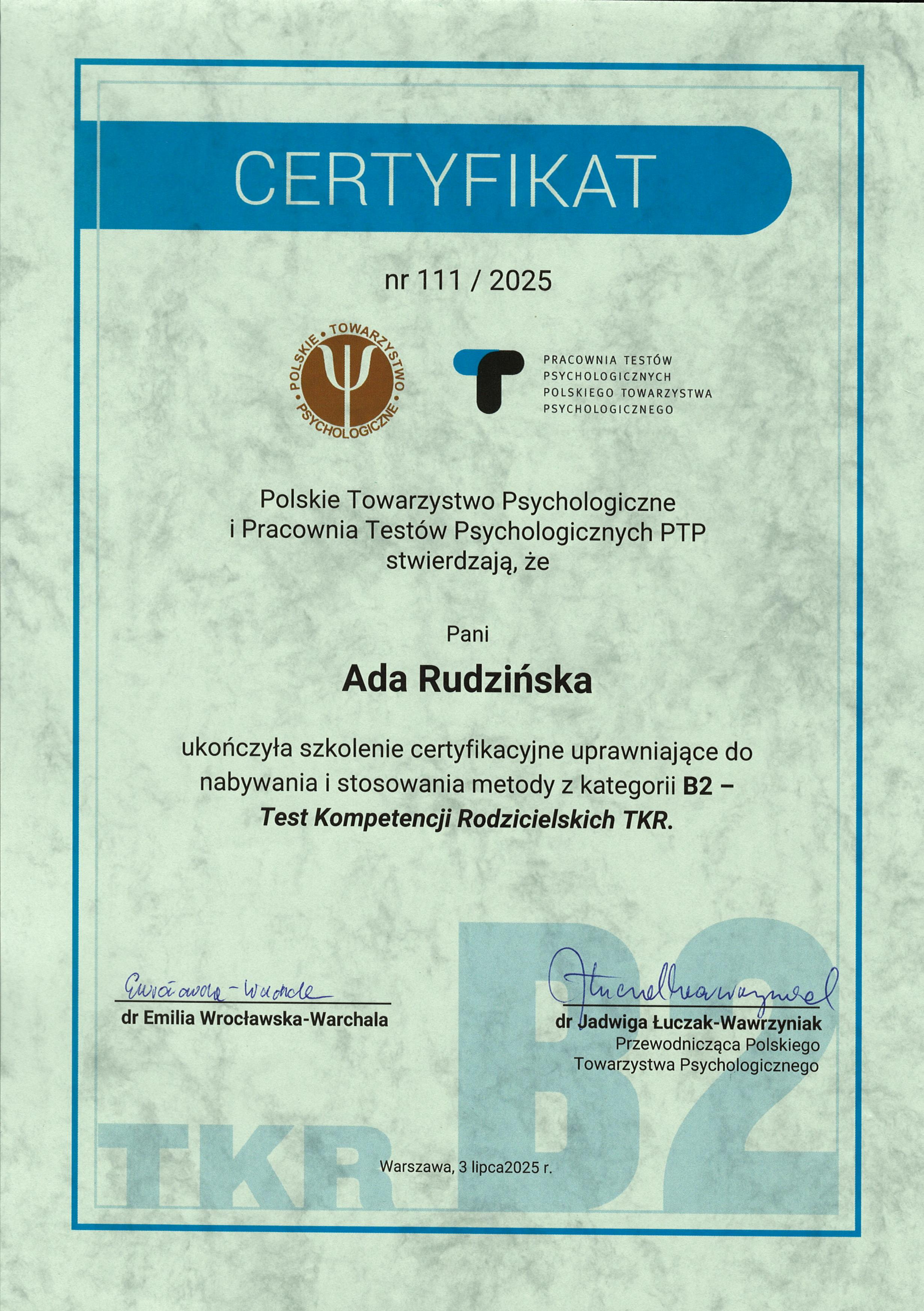 Test Kompetencji Rodzicielskich Ada Rudzińska certyfikat