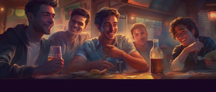 Czterech mężczyzn siedzących w pubie i dobrze się bawiących