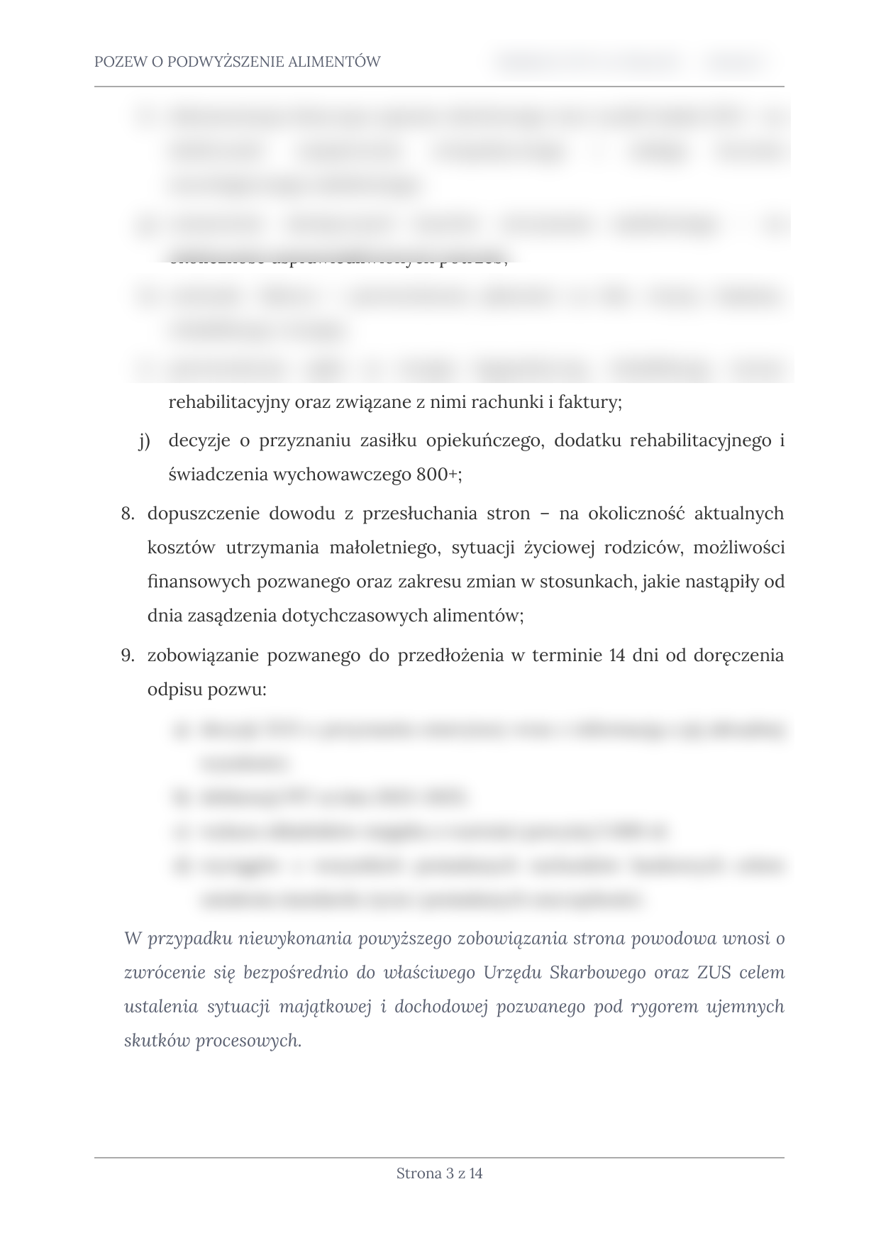 Zanonimizowany podgląd strony z wnioskami dowodowymi pozwu o podwyższenie alimentów