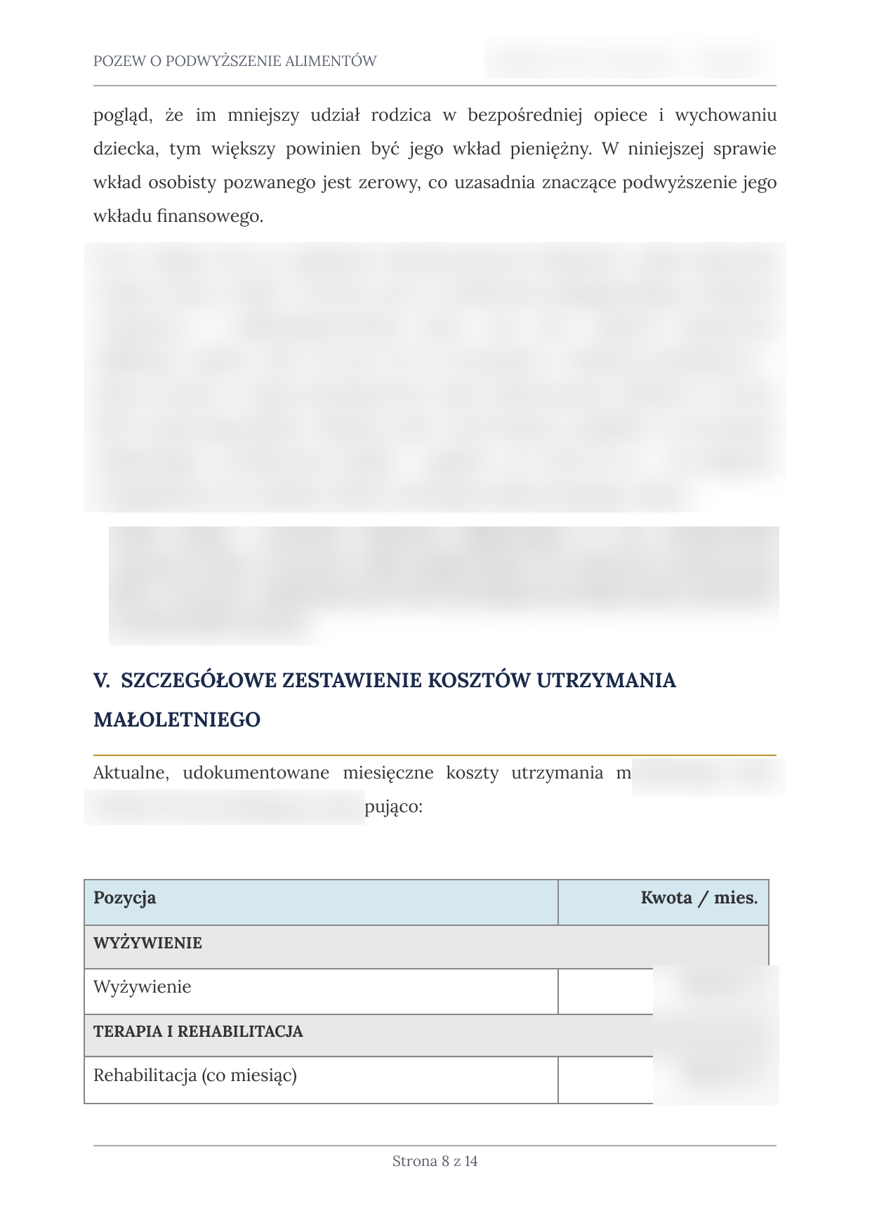 Zanonimizowany podgląd strony z zestawieniem kosztów utrzymania dziecka