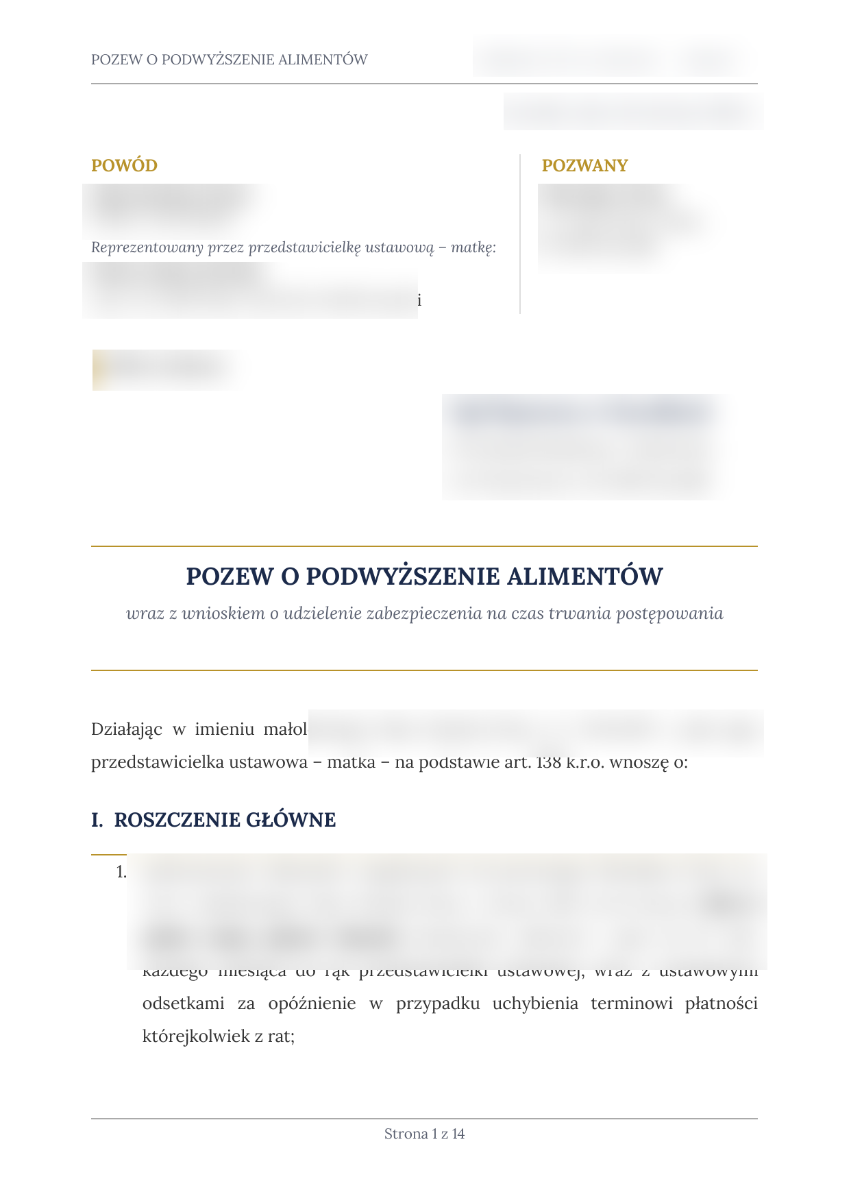 Zanonimizowany podgląd pierwszej strony pozwu o podwyższenie alimentów