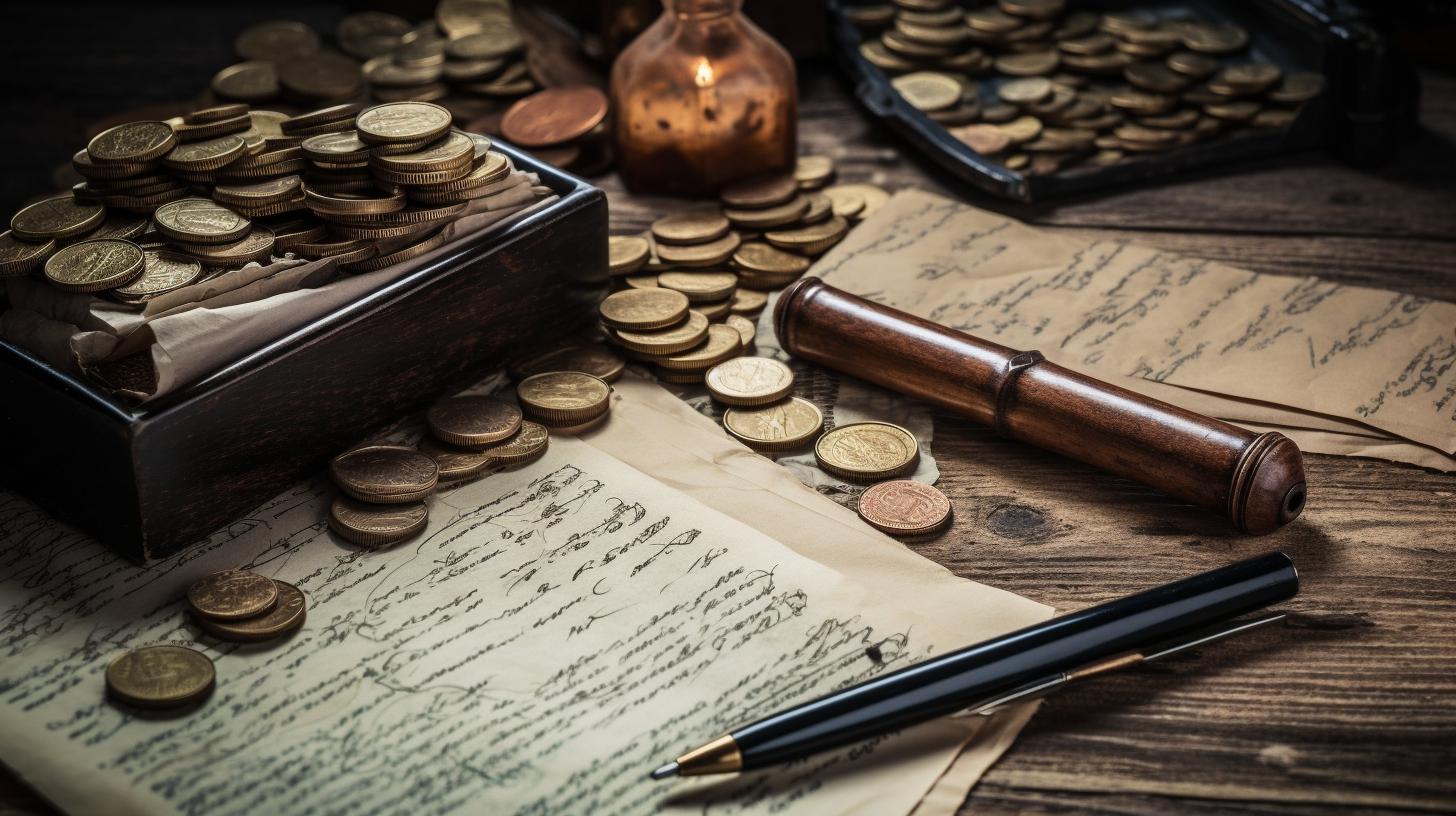 Odręcznie pisany list, na którym rozsypane są monety symbolizujące podział majątku