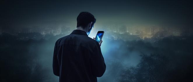 Włączony telefon Trzymany przez mężczyznę